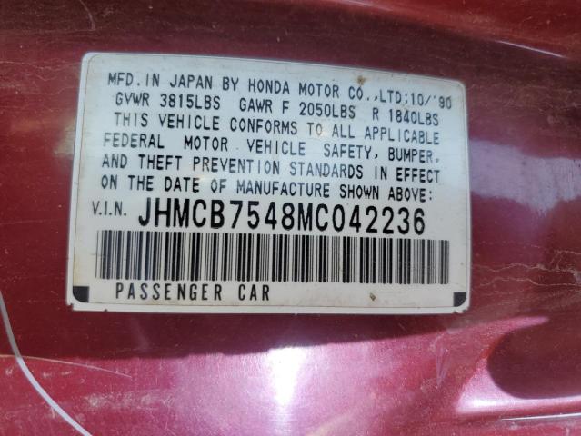 JHMCB7548MC042236 - 1991 HONDA ACCORD DX MAROON photo 12