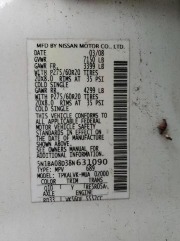 5N1BA08D38N631090 - 2008 NISSAN ARMADA SE WHITE photo 13