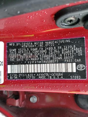 4T1F31AK5NU598573 - 2022 TOYOTA CAMRY XLE RED photo 12