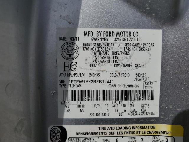 1FTFW1EF2BFB12441 - 2011 FORD F150 SUPERCREW SILVER photo 12