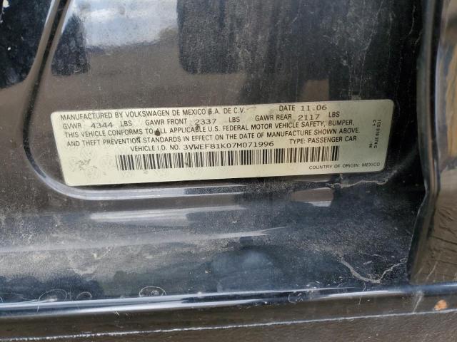 3VWEF81K07M071996 - 2007 VOLKSWAGEN JETTA WOLFSBURG 黑色 照片 12