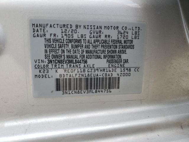 3N1CN8EV3ML844756 - 2021 NISSAN VERSA SV SILVER photo 12