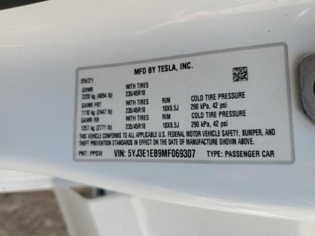 5YJ3E1EB9MF069307 - 2021 TESLA MODEL 3 WHITE photo 13