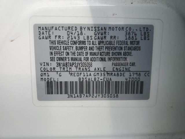 3N1AB7AP2JY305058 - 2018 NISSAN SENTRA S WHITE photo 12