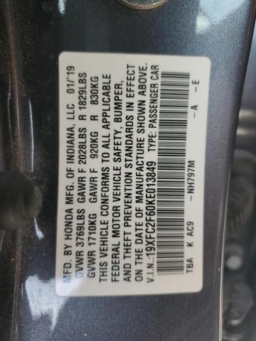 19XFC2F60KE013849 - 2019 HONDA CIVIC LX GRAY photo 12