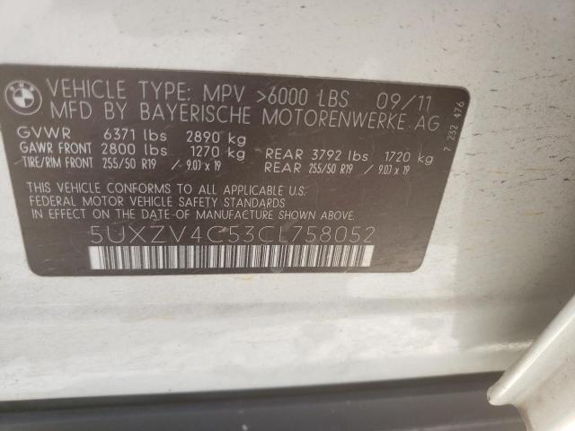 5UXZV4C53CL758052 - 2012 BMW X5 XDRIVE35I WHITE photo 13