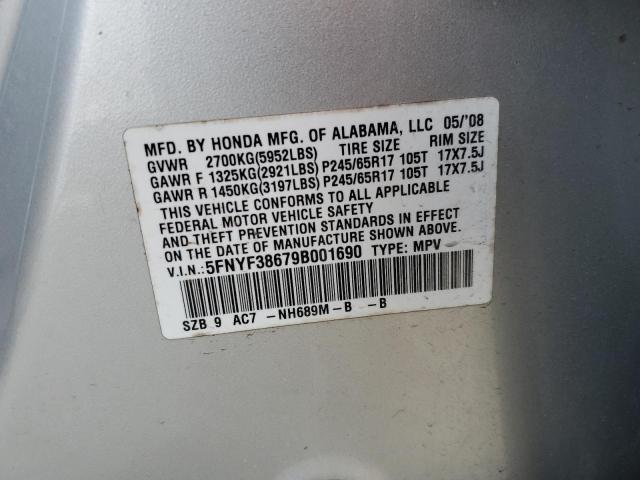 5FNYF38679B001690 - 2009 HONDA PILOT EXL SILVER photo 13