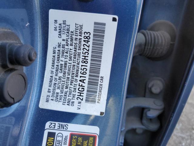 2HGFA16518H522483 - 2008 HONDA CIVIC LX BLUE photo 12