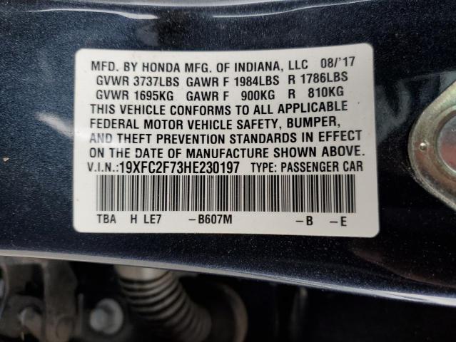 19XFC2F73HE230197 - 2017 HONDA CIVIC EX BLUE photo 12