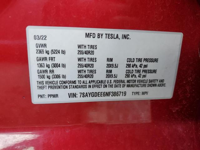 7SAYGDEE6NF386719 - 2022 TESLA MODEL Y RED photo 12