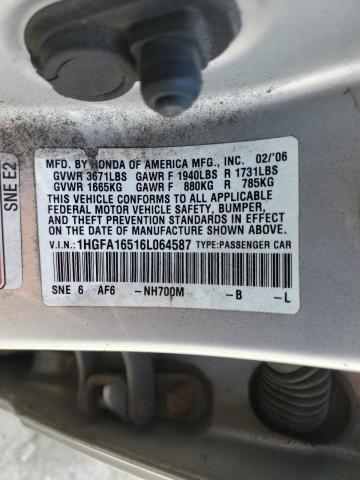 1HGFA16516L064587 - 2006 HONDA CIVIC LX SILVER photo 12