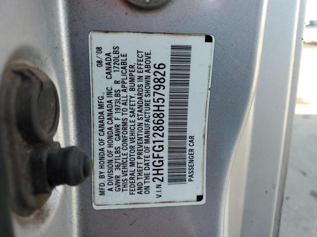 2HGFG12868H579826 - 2008 HONDA CIVIC EX SILVER photo 12