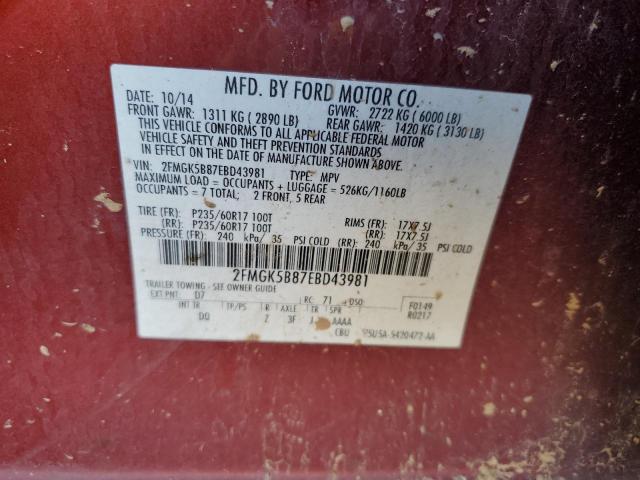 2FMGK5B87EBD43981 - 2014 FORD FLEX SE RED photo 13