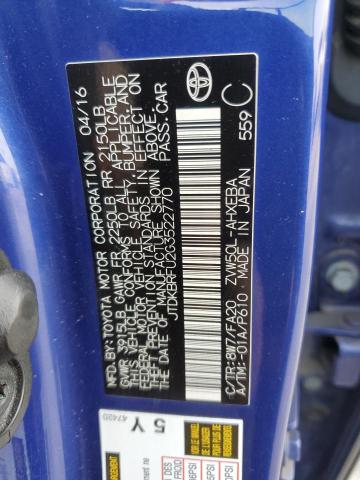 JTDKBRFU2G3522770 - 2016 TOYOTA PRIUS BLUE photo 12