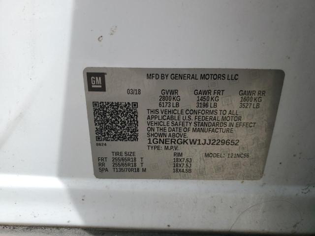 1GNERGKW1JJ229652 - 2018 CHEVROLET TRAVERSE LT თეთრი ფოტო 14