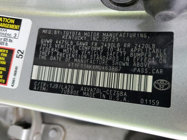 4T1F11AKXMU463867 - 2021 TOYOTA CAMRY XLE SILVER photo 13