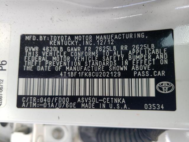 4T1BF1FK8CU202129 - 2012 TOYOTA CAMRY BASE WHITE photo 13