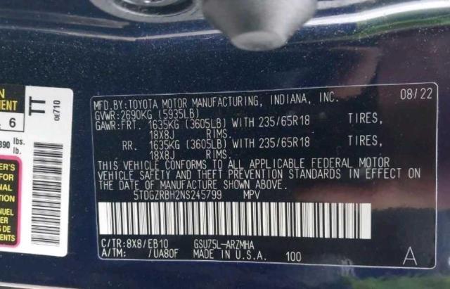 5TDGZRBH2NS245799 - 2022 TOYOTA HIGHLANDER XLE BLUE photo 10