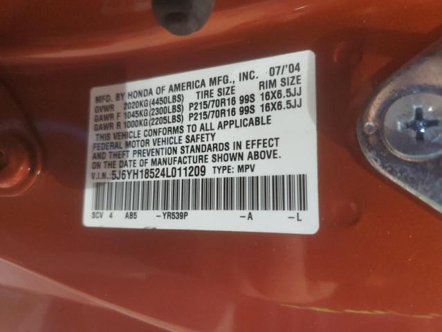 5J6YH18524L011209 - 2004 HONDA ELEMENT EX ORANGE photo 12