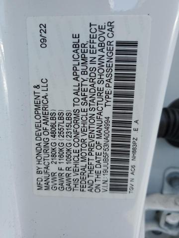 19UUB5F53NA004994 - 2022 ACURA TLX TECH A WHITE photo 12