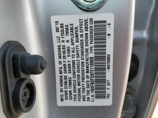 19XFB2F5XFE110959 - 2015 HONDA CIVIC LX SILVER photo 12