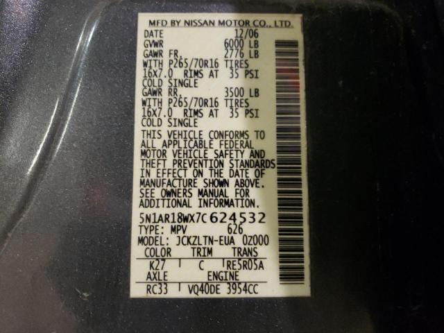 5N1AR18WX7C624532 - 2007 NISSAN PATHFINDER LE 灰色 照片 13