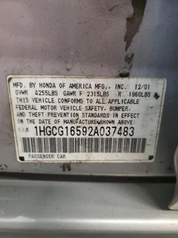 1HGCG16592A037483 - 2002 HONDA ACCORD EX SILVER photo 13