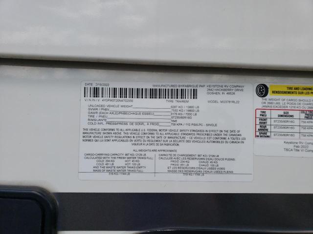 4YDFM0T20N4702330 - 2022 KEYSTONE MONTANA WHITE photo 10