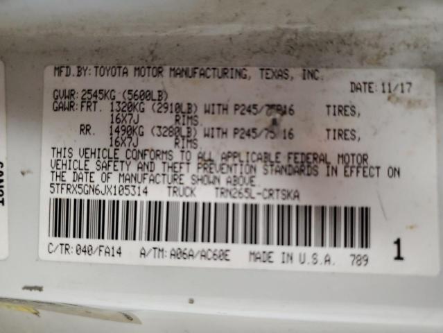 5TFRX5GN6JX105314 - 2018 TOYOTA TACOMA ACCESS CAB თეთრი ფოტო 12