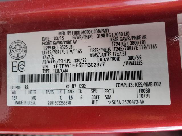 1FTFW1EF5FFB02377 - 2015 FORD F150 SUPERCREW RED photo 13