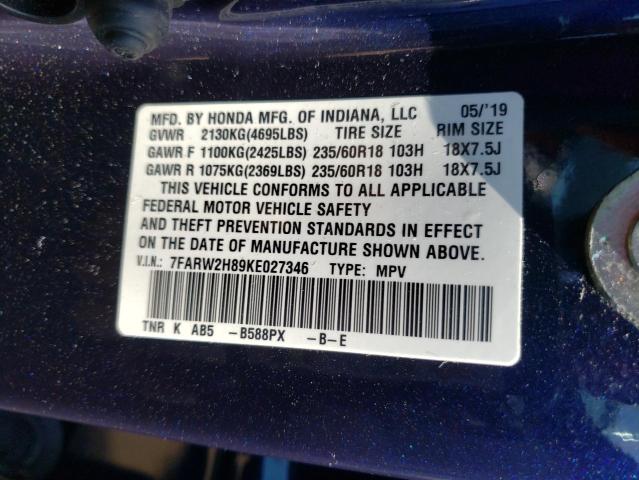 7FARW2H89KE027346 - 2019 HONDA CR-V EXL BLUE photo 13