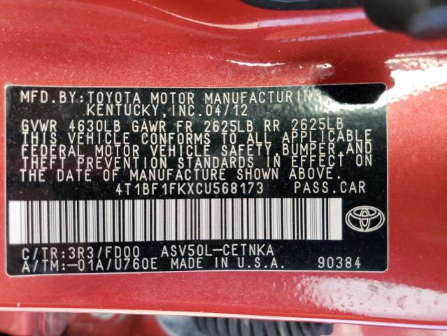 4T1BF1FKXCU568173 - 2012 TOYOTA CAMRY BASE RED photo 13