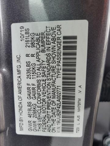 19UUB2F42LA002771 - 2020 ACURA TLX TECHNOLOGY 灰色 照片 12