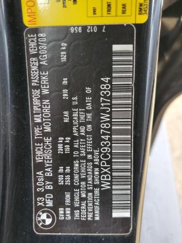 WBXPC93478WJ17384 - 2008 BMW X3 3.0SI BLACK photo 13