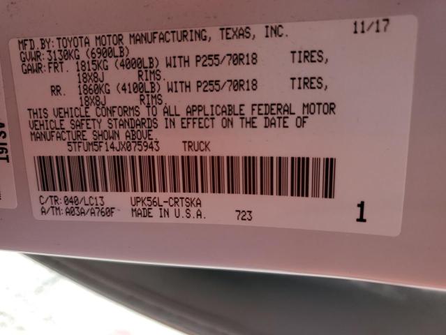 5TFUM5F14JX075943 - 2018 TOYOTA TUNDRA DOUBLE CAB SR/SR5 WHITE photo 12