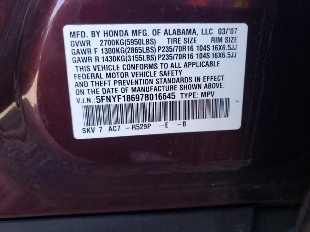 5FNYF18697B016645 - 2007 HONDA PILOT EXL BURGUNDY photo 13