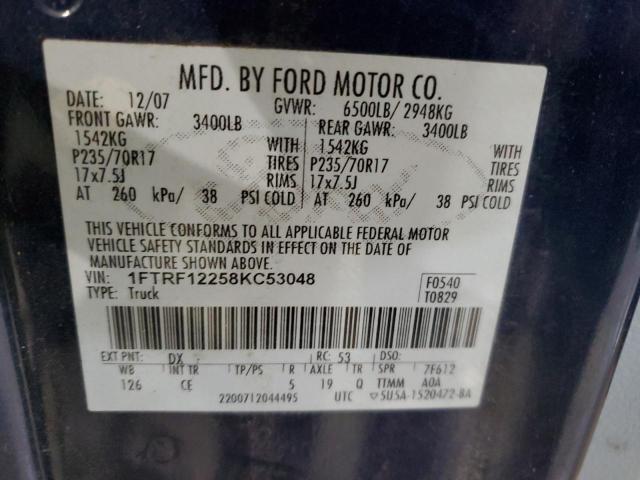 1FTRF12258KC53048 - 2008 FORD F150 BLUE photo 12