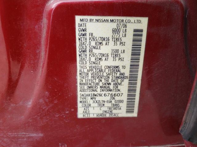 5N1AR18W26C676607 - 2006 NISSAN PATHFINDER LE წითელი ფოტო 13