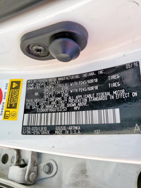 5TDKKRFH6GS153753 - 2016 TOYOTA HIGHLANDER XLE 白色 照片 12