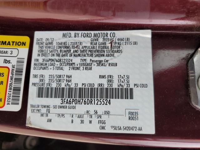 3FA6P0H76DR125524 - 2013 FORD FUSION SE MAROON photo 12