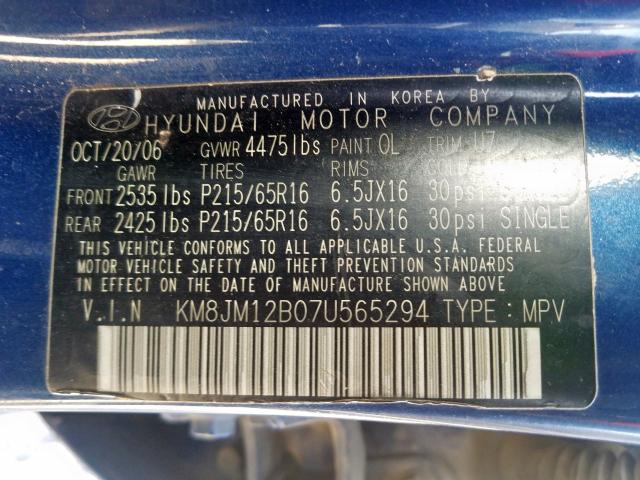 KM8JM12B07U565294 - 2007 HYUNDAI TUCSON GLS BLUE photo 10