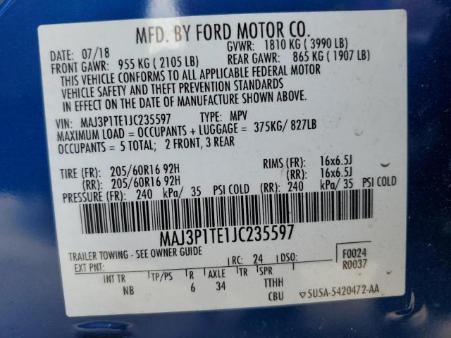 MAJ3P1TE1JC235597 - 2018 FORD ECOSPORT SE BLUE photo 13