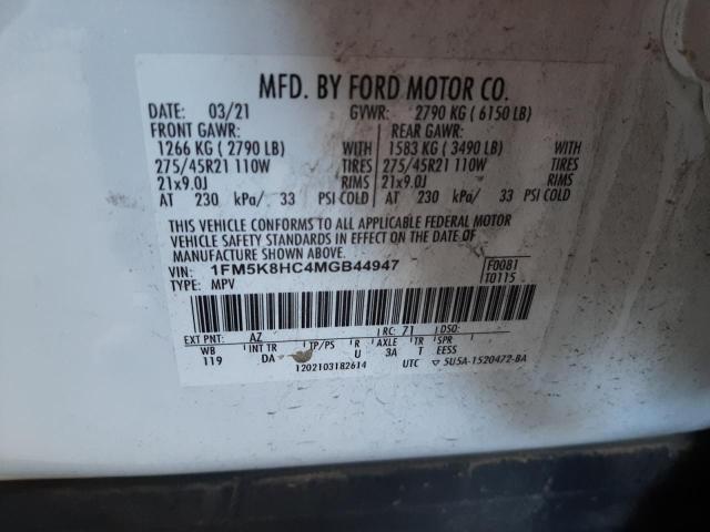 1FM5K8HC4MGB44947 - 2021 FORD EXPLORER PLATINUM WHITE photo 13