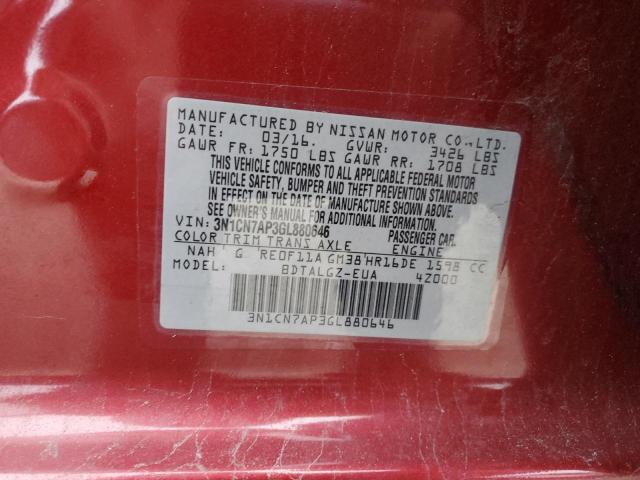 3N1CN7AP3GL880646 - 2016 NISSAN VERSA S RED photo 12