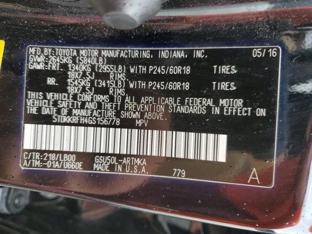 5TDKKRFH4GS156778 - 2016 TOYOTA HIGHLANDER XLE Qara foto 13