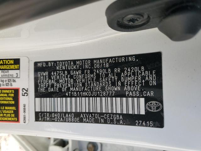 4T1B11HK0JU128777 - 2018 TOYOTA CAMRY L WHITE photo 12