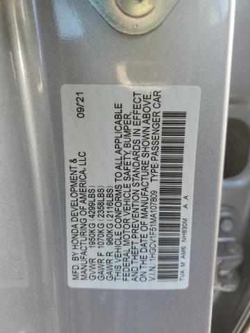 1HGCV1F51MA107809 - 2021 HONDA ACCORD EXL SILVER photo 12