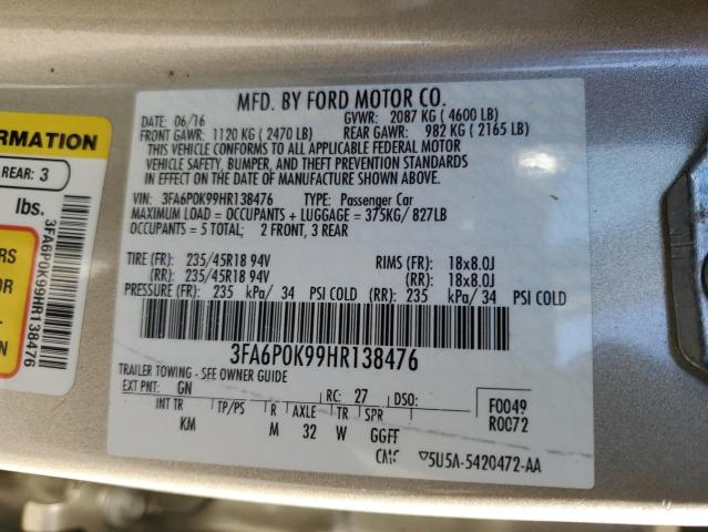 3FA6P0K99HR138476 - 2017 FORD FUSION TITANIUM GOLD photo 12