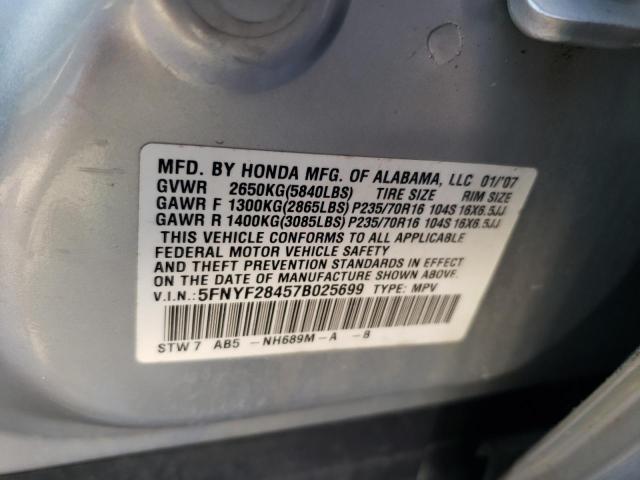 5FNYF28457B025699 - 2007 HONDA PILOT EX SILVER photo 14