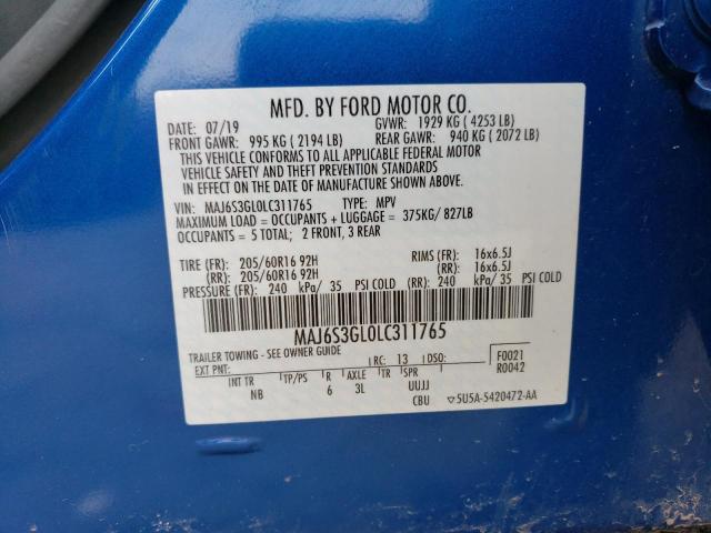 MAJ6S3GL0LC311765 - 2020 FORD ECOSPORT SE BLUE photo 14